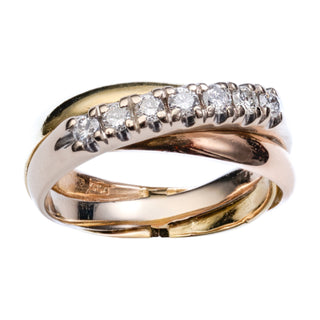 18ct Yellow Gold, Rose and White Diamond Set Crossover Band