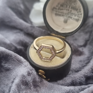 18ct Yellow Gold Diamond Honeycomb Hexagon Halo Ring