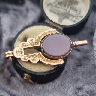 Edwardian 10ct Rose Gold Novelty Bloodstone & Chalcedony Spinning Fob Watch Winder Pendant Fob