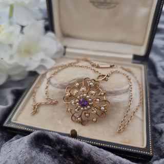 Edwardian 9ct Rose Gold Seed Pearl Amethyst Lavalliere Pendant Brooch Necklace Circa 1910