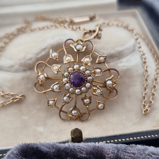 Edwardian 9ct Rose Gold Seed Pearl Amethyst Lavalliere Pendant Brooch Necklace Circa 1910