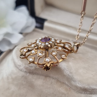 Edwardian 9ct Rose Gold Seed Pearl Amethyst Lavalliere Pendant Brooch Necklace Circa 1910