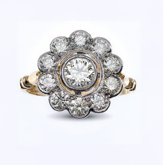 Vintage 18ct Yellow Gold And Platinum 1.6ct Diamond Cluster Flower Ring