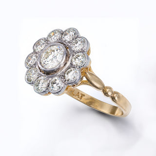 Vintage 18ct Yellow Gold And Platinum 1.6ct Diamond Cluster Flower Ring