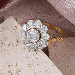 Vintage 18ct Yellow Gold And Platinum 1.6ct Diamond Cluster Flower Ring