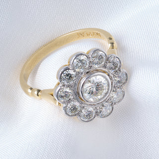 Vintage 18ct Yellow Gold And Platinum 1.6ct Diamond Cluster Flower Ring