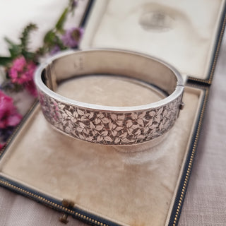 Victorian Sterling Silver Floral Tooled Cuff Bangle c1883