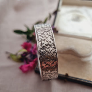 Victorian Sterling Silver Floral Tooled Cuff Bangle c1883