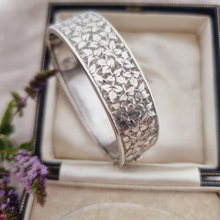 Victorian Sterling Silver Floral Tooled Cuff Bangle c1883