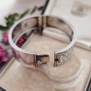 Victorian Sterling Silver Floral Tooled Cuff Bangle c1883