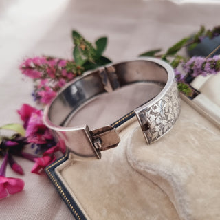 Victorian Sterling Silver Floral Tooled Cuff Bangle c1883