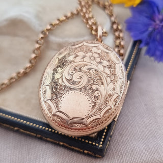 Victorian 9ct Rose Gold Mourning Locket Pendant Belcher Chain Necklace