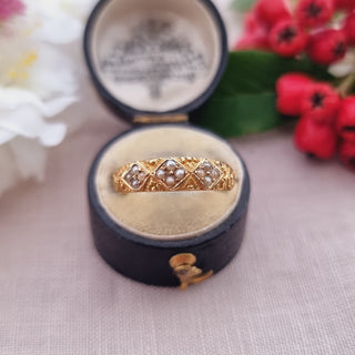 Victorian 18ct Yellow Gold Seed Pearl Trilogy Patterned Band Ring c1881