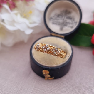 Victorian 18ct Yellow Gold Seed Pearl Trilogy Patterned Band Ring c1881