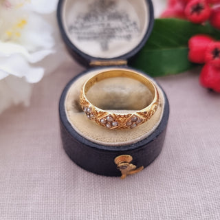 Victorian 18ct Yellow Gold Seed Pearl Trilogy Patterned Band Ring c1881