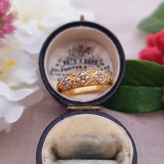 Victorian 18ct Yellow Gold Seed Pearl Trilogy Patterned Band Ring c1881