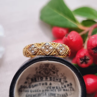 Victorian 18ct Yellow Gold Seed Pearl Trilogy Patterned Band Ring c1881