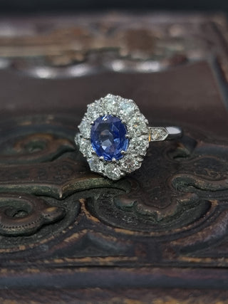 Platinum 1.3ct Diamond And 2ct Blue Sapphire Cluster Ring