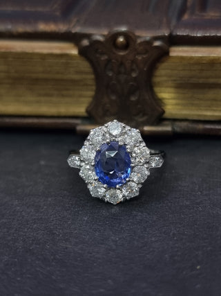 Platinum 1.3ct Diamond And 2ct Blue Sapphire Cluster Ring