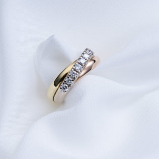 18ct Yellow Gold, Rose and White Diamond Set Crossover Band