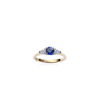 18ct Yellow Gold Blue Sapphire And Pear Cut Diamond Trilogy Ring