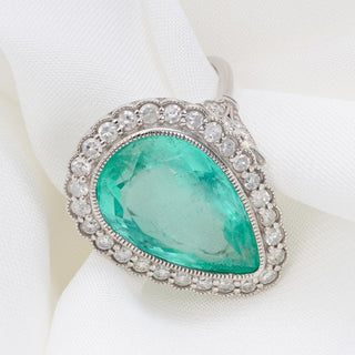 Platinum 7.28ct Zambian Pear Cut Emerald & Diamond Halo Cocktail Ring