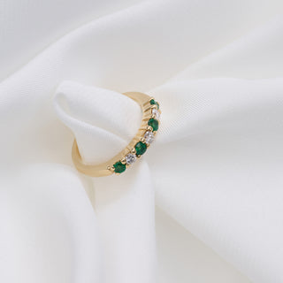 Modern 18ct Yellow Gold Diamond And Emerald 7 Stone Half Eternity Ring