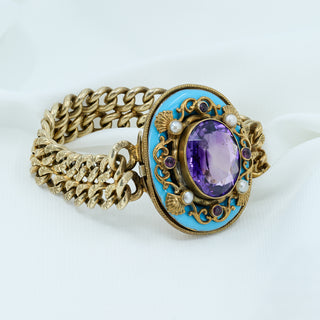 Antique Silver Gilt Austro Hungarian Amethyst Pearl And Enamel Double Curb Link 800 Silver Bracelet