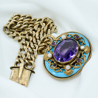 Antique Silver Gilt Austro Hungarian Amethyst Pearl And Enamel Double Curb Link 800 Silver Bracelet