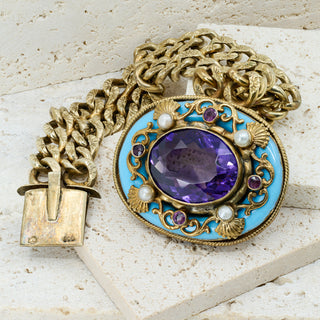 Antique Silver Gilt Austro Hungarian Amethyst Pearl And Enamel Double Curb Link 800 Silver Bracelet
