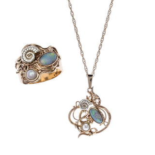 9ct Yellow Gold Opal And Pearl Arts & Crafts Marine Ring And Necklace Set