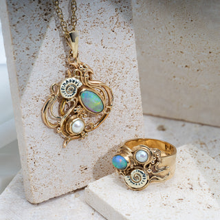 9ct Yellow Gold Opal And Pearl Arts & Crafts Marine Ring And Necklace Set