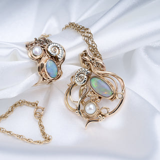 9ct Yellow Gold Opal And Pearl Arts & Crafts Marine Ring And Necklace Set