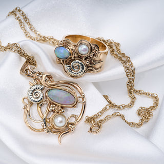 9ct Yellow Gold Opal And Pearl Arts & Crafts Marine Ring And Necklace Set