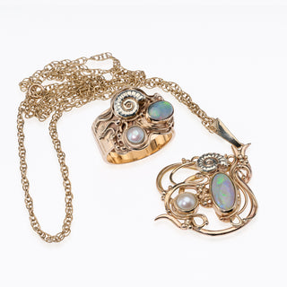 9ct Yellow Gold Opal And Pearl Arts & Crafts Marine Ring And Necklace Set