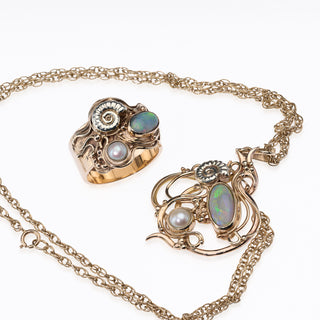 9ct Yellow Gold Opal And Pearl Arts & Crafts Marine Ring And Necklace Set