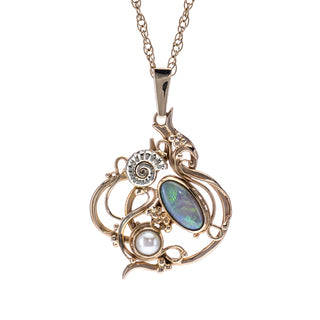9ct Yellow Gold Opal And Pearl Arts & Crafts Marine Ring And Necklace Set