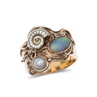9ct Yellow Gold Opal And Pearl Arts & Crafts Marine Ring And Necklace Set