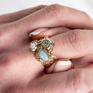 9ct Yellow Gold Opal And Pearl Arts & Crafts Marine Ring And Necklace Set