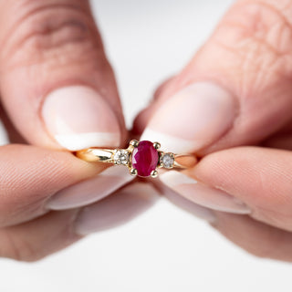 18ct Yellow Gold Ruby And Diamond Trilogy Three Stone Ring