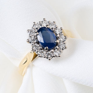 18ct Yellow Gold Diamond And 1ct Sapphire Halo Cluster Ring