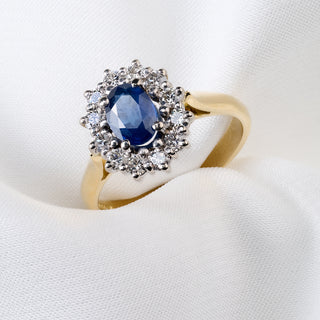 18ct Yellow Gold Diamond And 1ct Sapphire Halo Cluster Ring