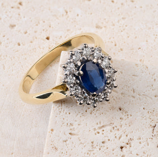 18ct Yellow Gold Diamond And 1ct Sapphire Halo Cluster Ring