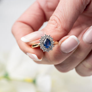 18ct Yellow Gold Diamond And 1ct Sapphire Halo Cluster Ring