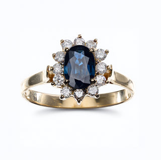 Vintage 18ct Yellow Gold Diamond And 1ct Natural Blue Sapphire Cluster Ring