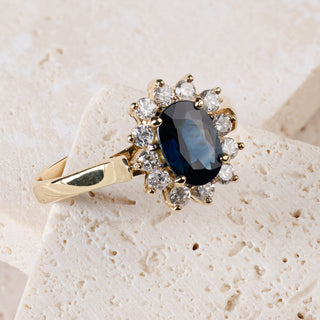 Vintage 18ct Yellow Gold Diamond And 1ct Natural Blue Sapphire Cluster Ring