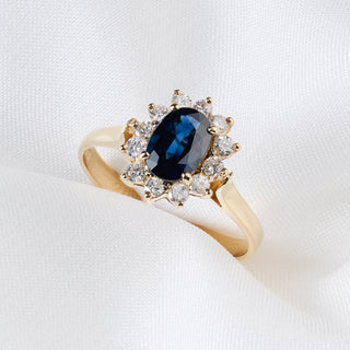 Vintage 18ct Yellow Gold Diamond And 1ct Natural Blue Sapphire Cluster Ring