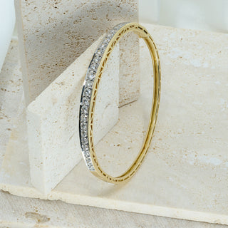 Vintage 18ct White & Yellow Gold Diamond Line Bangle – 2.00ct – Medium Fit-Hinged
