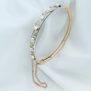 Antique 14ct Gold & Platinum Diamond & Baroque Pearl Hinged Bangle – Circa Early 1900s