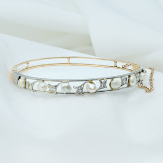 Antique 14ct Gold & Platinum Diamond & Baroque Pearl Hinged Bangle – Circa Early 1900s
